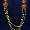 Kerala Premium Lotus 3 Layer Rice Pearl Haram Necklace -Traditional Long Necklace & Earrings
