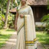 Kerala Set Saree with Emerald Border, Tassels & Subtle Checks