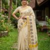Kerala Set Saree Tissue with Golden Kasavu and Printed Flower and Thumbi Design Pattern