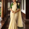 Kerala Set Saree Cotton Kasavu Borderless Meander Pattern, Tassel & Designer Blouse