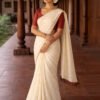 Kerala Set Saree Cotton Kasavu Borderless Alila Pattern, Tassel & Designer Blouse