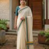 Kerala Set Saree Cotton RichTeal-Blue-Kasavu border with beautiful Tassel work
